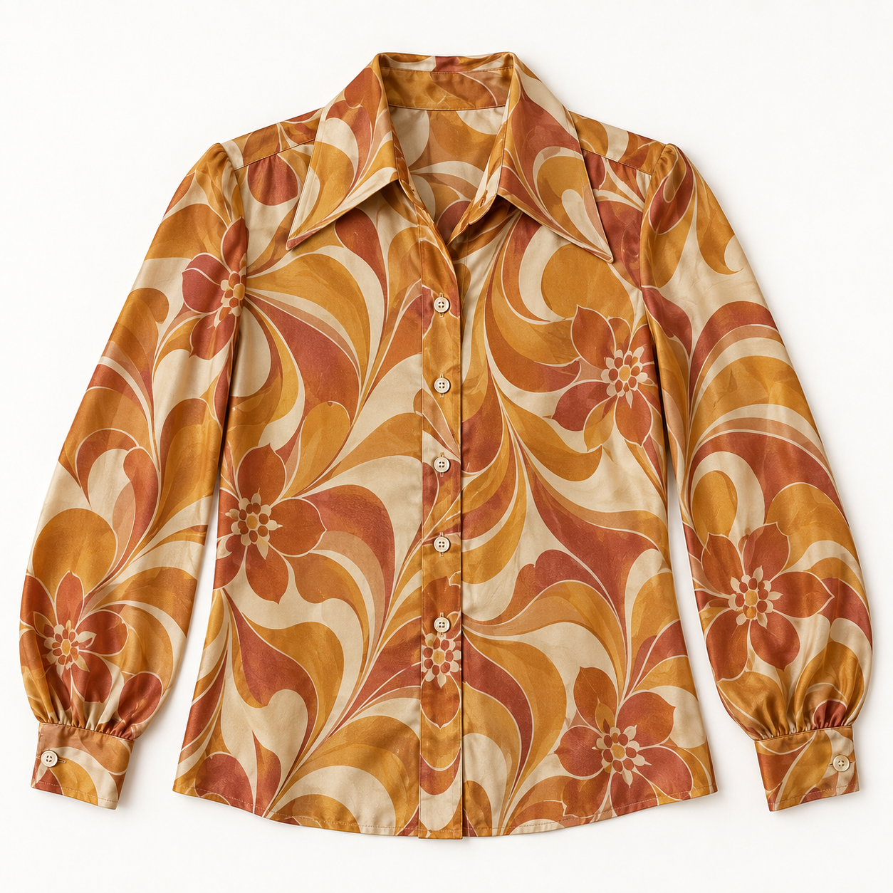 Blusa estampada en tonos ámbar sobre fondo blanco