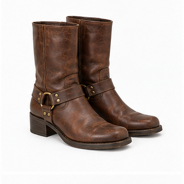 Botas vintage de cuero marrón sobre fondo blanco