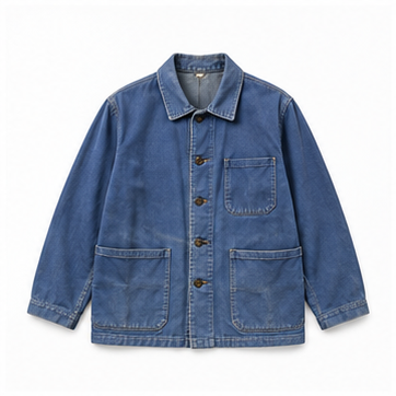 Chaqueta de faena azul vintage sobre fondo blanco