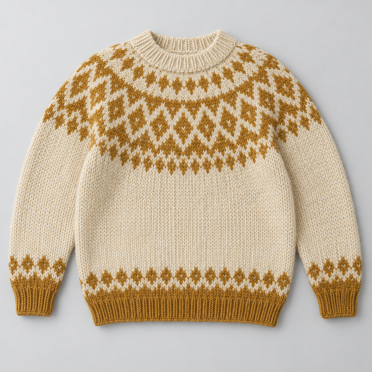 Jersey de lana en tonos crema y ocre sobre fondo gris claro